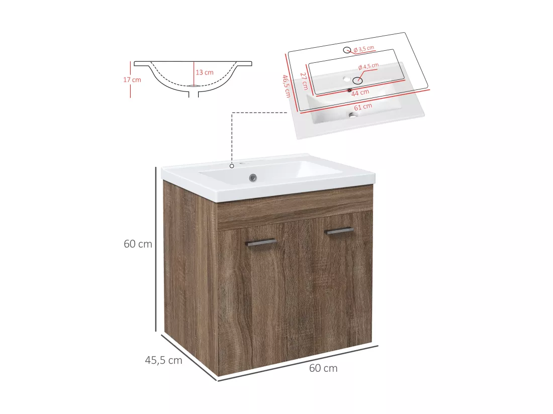 Meuble sous-vasque suspendu - vasque céramique incluse - 2 portes, étagère - dim. 60L x 45l x 60H cm - aspect bois