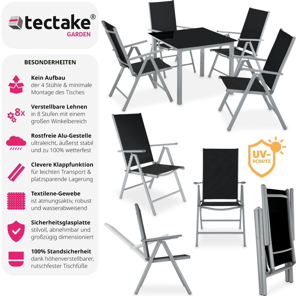 tectake Stabia zitgroep met aluminium frame, voor 4 personen, tafel met veiligheidsglasplaat en stelschroeven