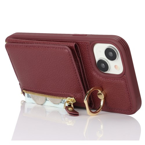 iPhone 14 / iPhone 13 Necklace Leder Hülle mit Münzfach und Kartenfächer   Finger Griff Halterung   Handykette - Weinrot