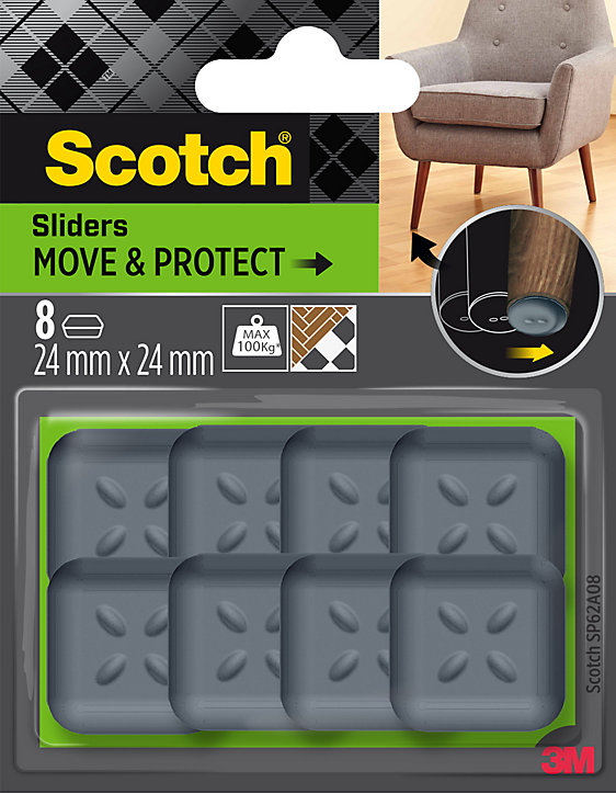 Patin glisseur adhésif carré gris Scotch ø24 mm, lot de 8