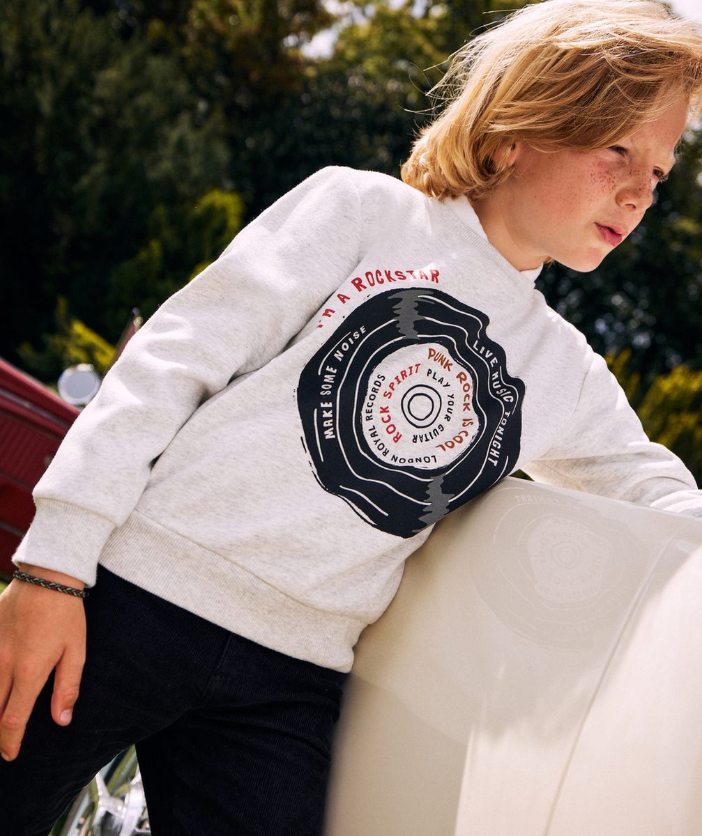 SWEAT GARÇON EN FIBRES RECYCLÉES GRIS CHINÉ AVEC MOTIF THÈME ROCK