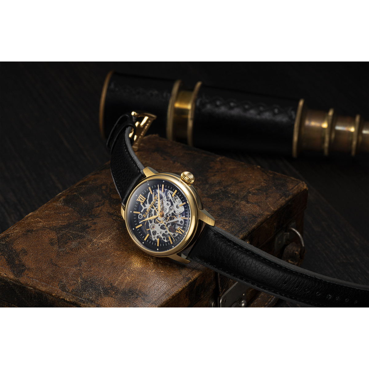 Montre EARNSHAW Cornwall homme automatique acier doré bracelet cuir noir