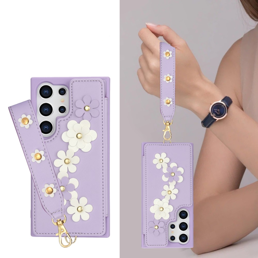 Samsung Galaxy S25 Ultra Necklace Leder Schutz Hülle mit Kartenfächer Blumen   Handykette (140cm) - Lila