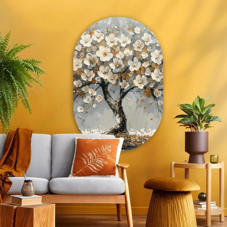 MuchoWow Wand decoratie 80x120cm Boom Goud Bloemen Abstract