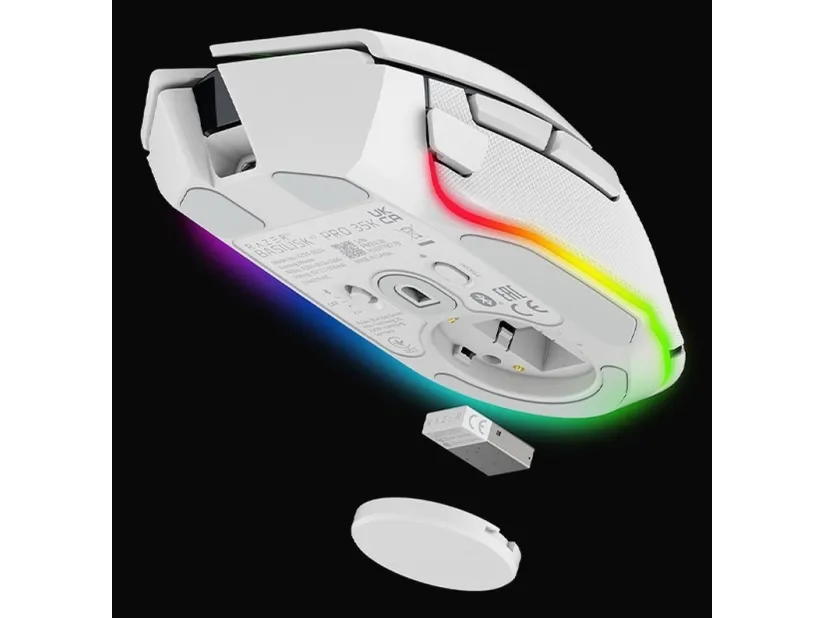 Razer Basilisk V3 pro 35K - Mus - ergonomisk - højrehåndet - optisk - 11 knapper - trådløs, kablet - Bluetooth, USB-C, 2.4 GHz - trådløs modtager (USB) - hvid