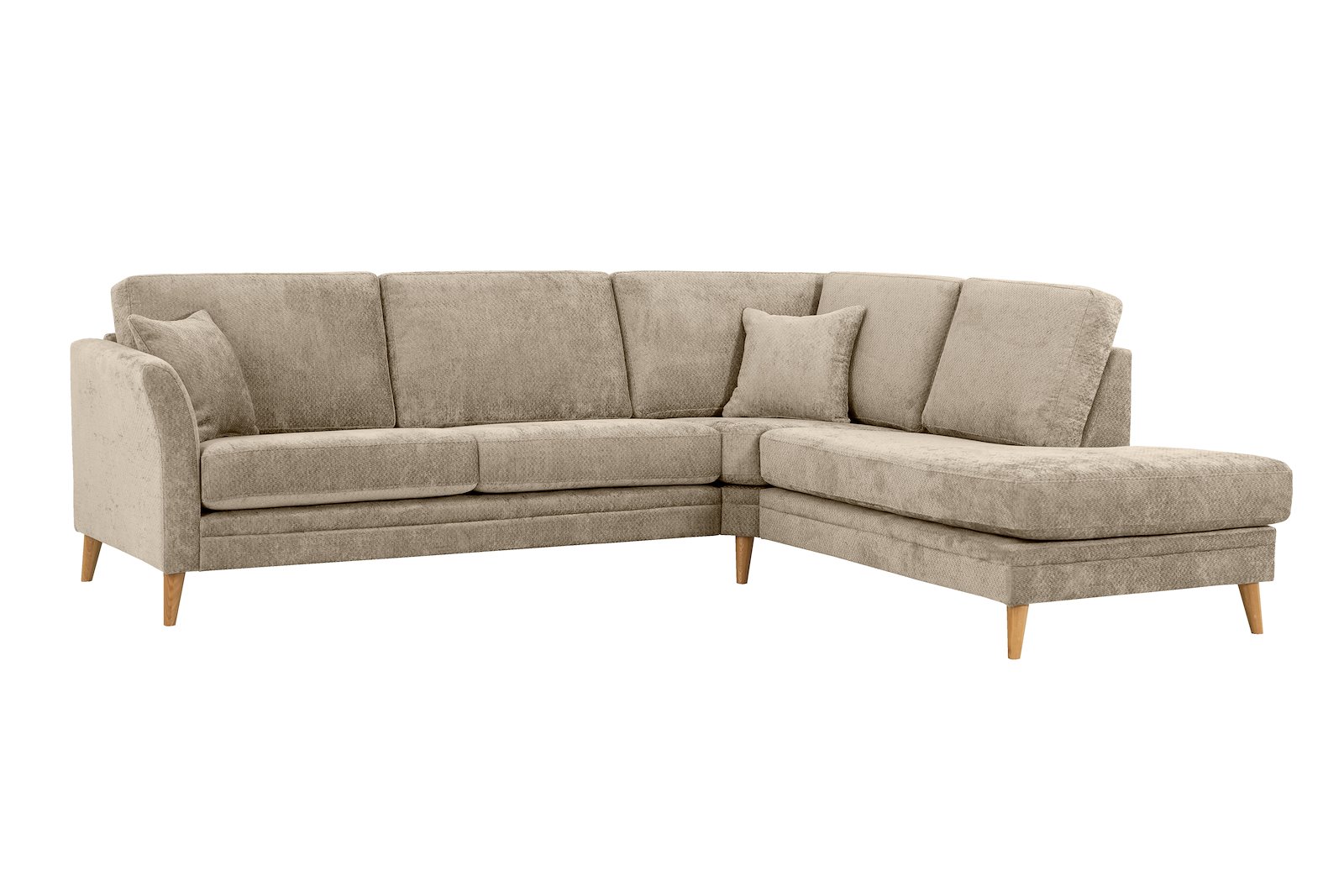 Eden hjørnesofa 2,5-seter med åpen ende høyre. Tekstil Movie 9 Cappuccino med ben i eik natur (15137).