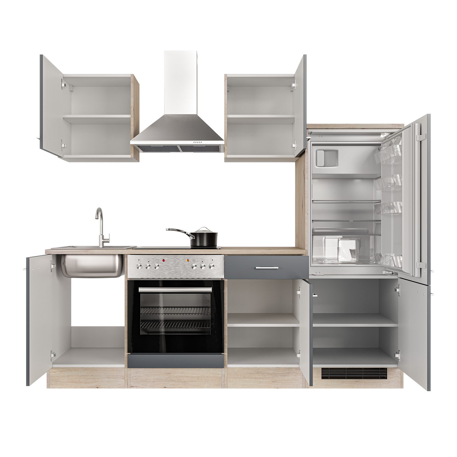 Küchenblock MORENA - basaltgrau matt - San Remo Eiche Nachbildung- mit E-Geräten - 220 cm