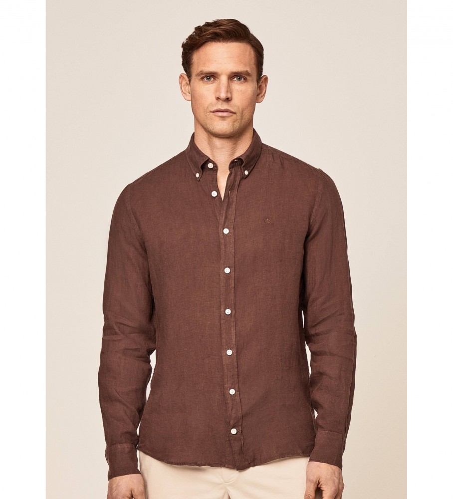 Camisa de linho Hackett marrom de corte slim