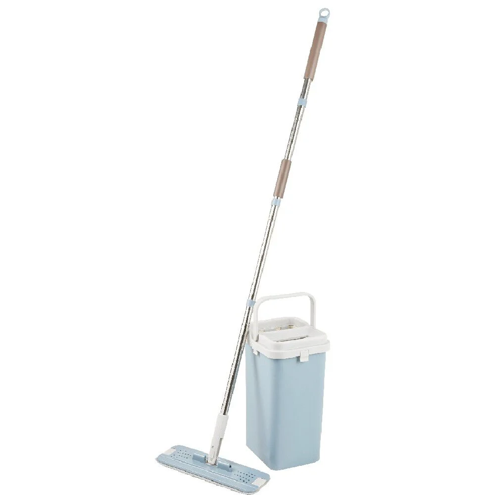 Seau essoreur avec balai plat pliable gris et bleu 8 L
