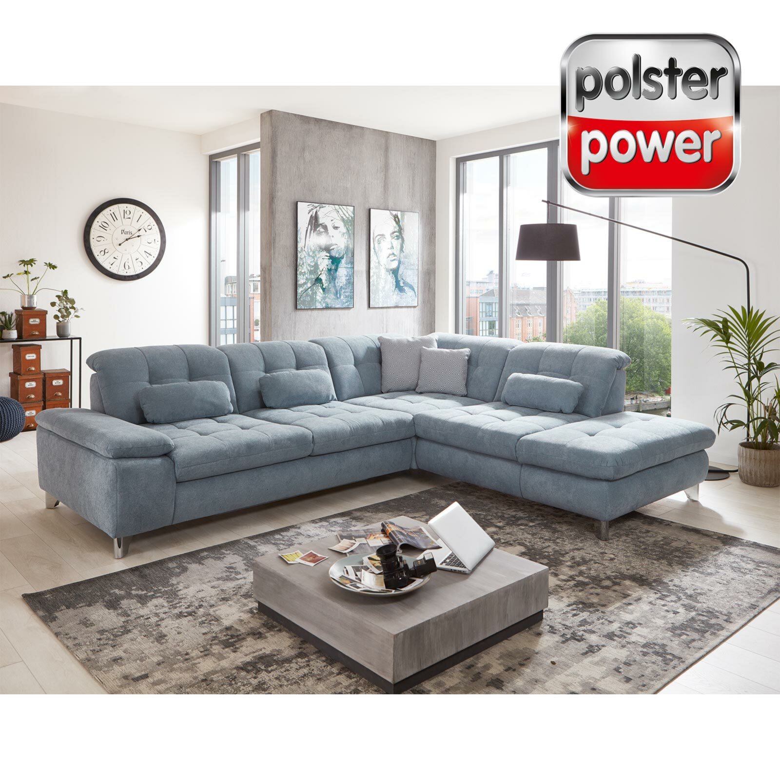 polsterpower Ecksofa - eisblau - mit Sitztiefenverstellung - links