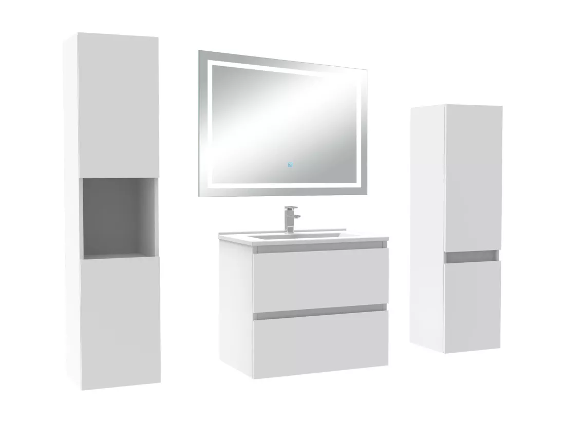 Ensemble meuble Salle de Bain 60cm avec colonne et miroir lumineux 3 couleurs blanc