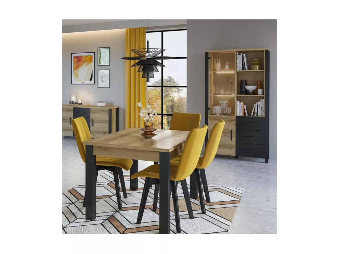 Vitrine large design collection DARWIN. Couleur chêne clair et noir. 2 portes, 3 tiroirs, 3 niches
