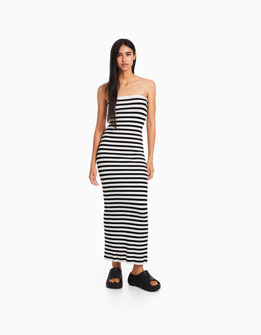 Vestido midi tomara que caia listrado