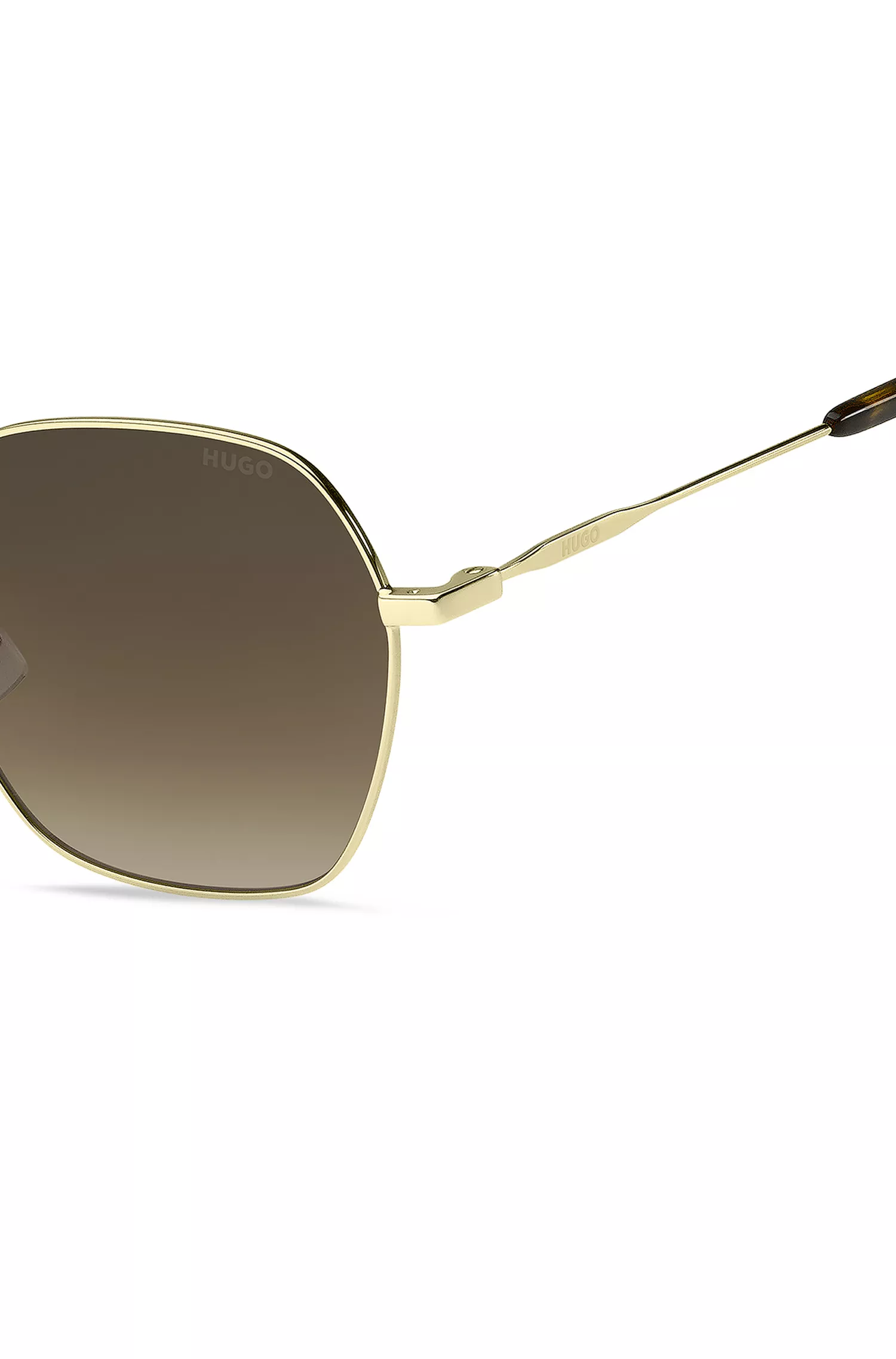 Óculos de sol HUGO em tons de vermelho e dourado com ponteiras em acetato Havana.