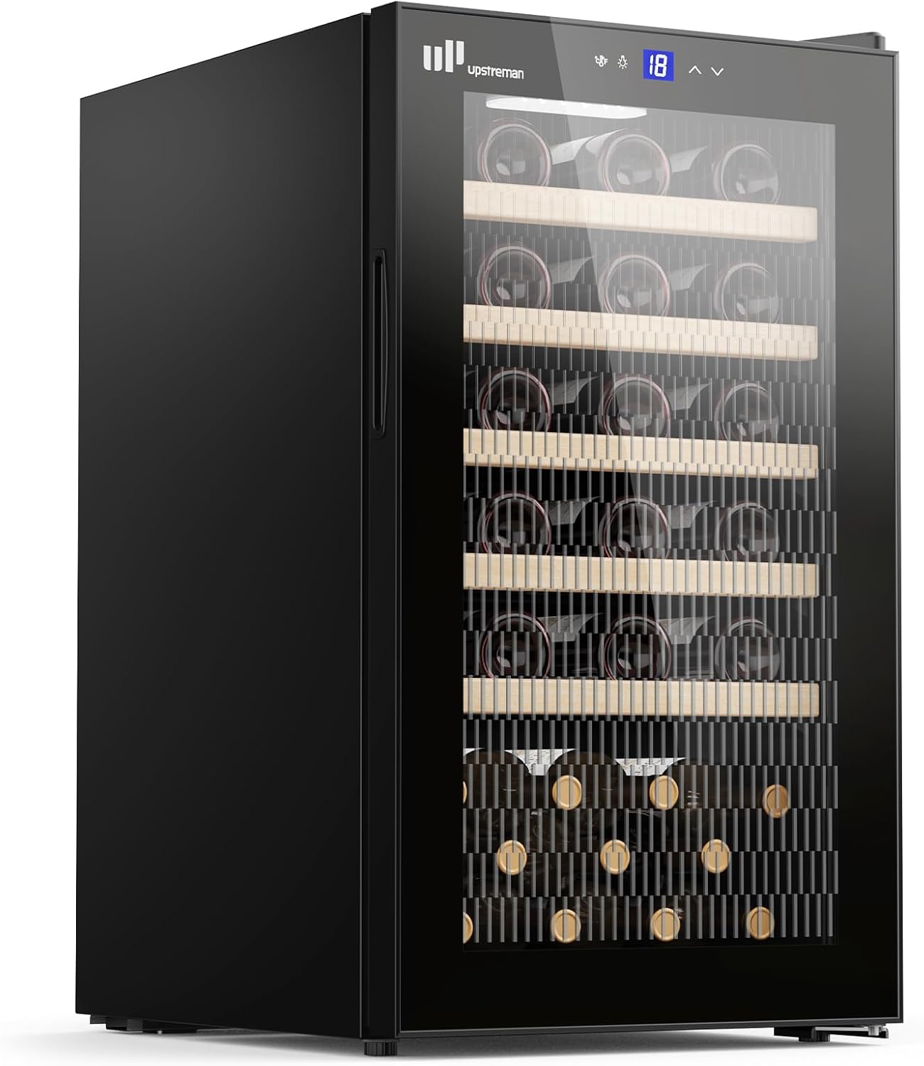 Upstreman 95L Weinkühlschrank mit Vollglas-Tür – Kapazität max. 41 Flaschen, 5°C - 20°C einstellbar, mit Doppelverglasung, Touch-Display, LED-Beleuchtung, 5 Einlegeböden, W41-Schwarz