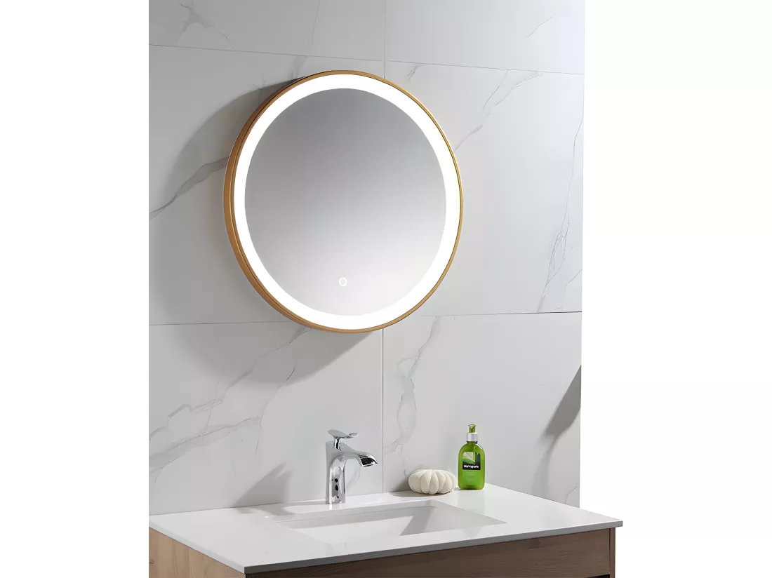 Miroir de salle de bain lumineux rond doré avec Leds - D. 60 cm - NUMEA
