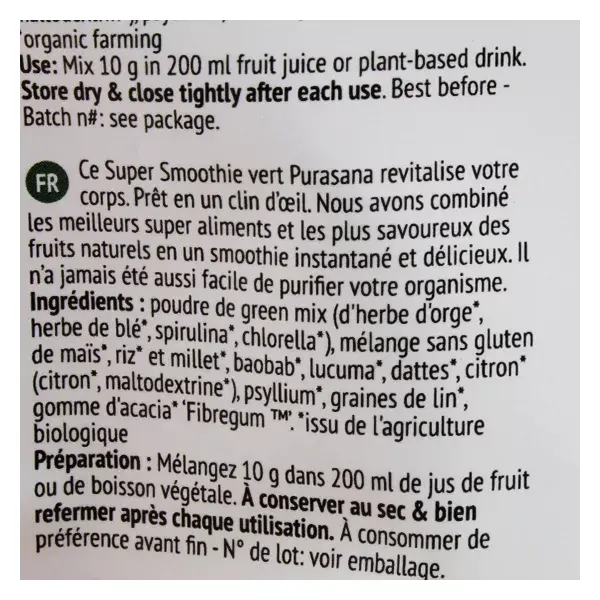 Batido Purasana Verde Smoothie em Pó Orgânico 150g