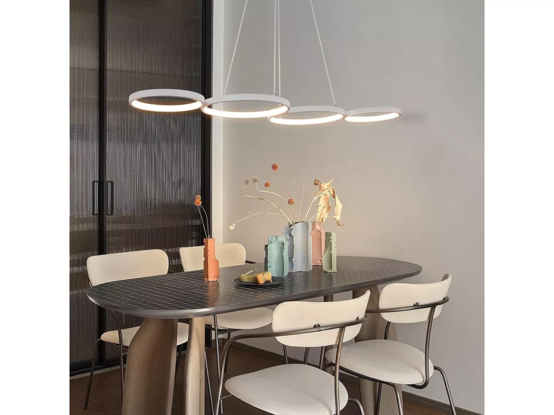 NETTLIFE Suspension LED Blanc Moderne Diam.88cm Lampe de salle à manger 4 Anneaux Design Métal Dimmable avec Télécommande pour Salon Chambre