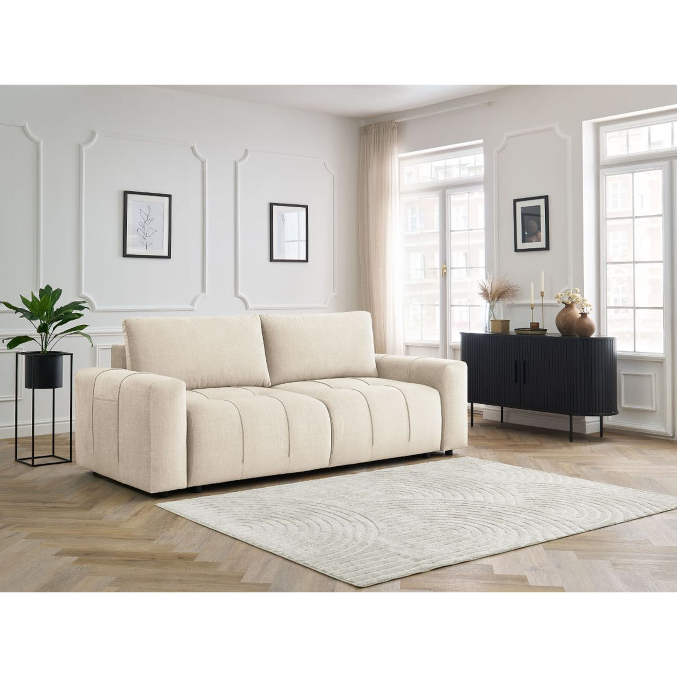 Bobochic Canapé droit convertible en Velours 3 places Arsène avec coffre beige - 248x105x90 cm