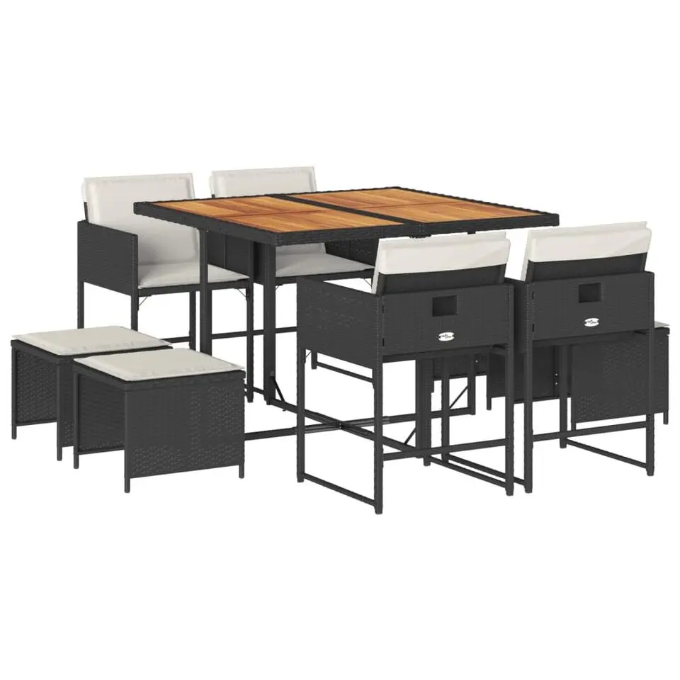 vidaXL - 9-delige Tuinset wit kussens 4 krukken - Zwart poly rattan - 110x106 cm