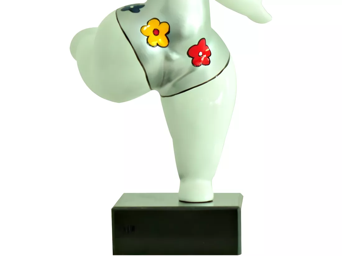 Statue femme jambe levée fleurs bleu jaune rouge H33 cm - LADY FLOWER