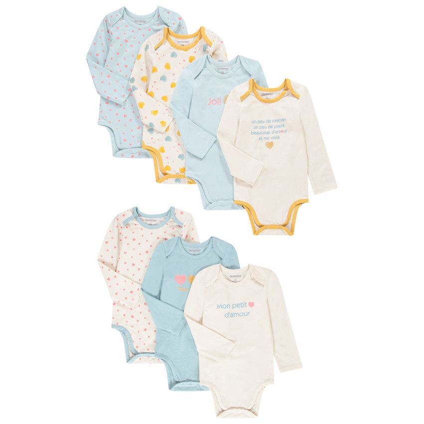 Lot de 7 bodies manches longues en jersey fantaisie - Blanc