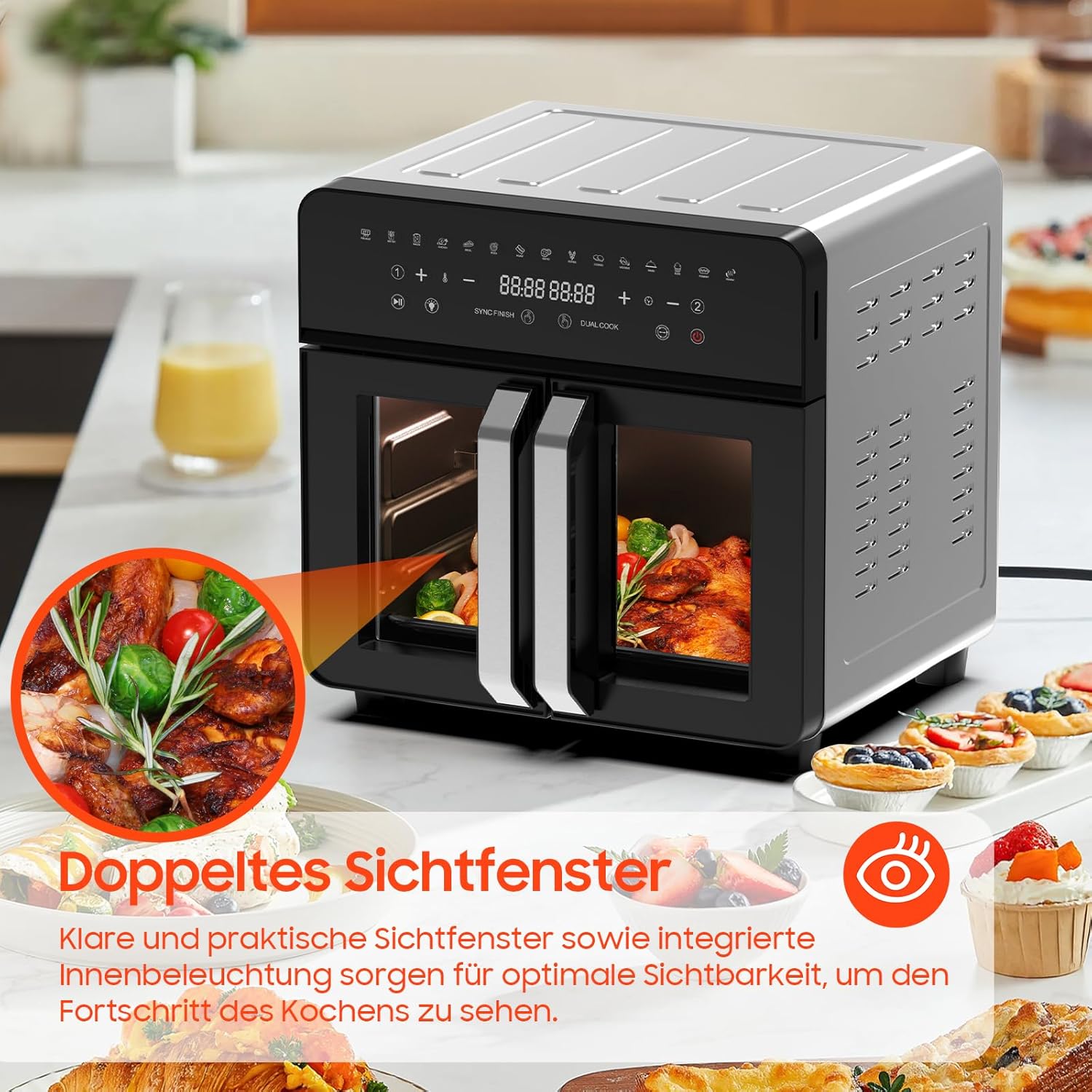 Heißluftfritteuse Dual Zone 23L - XXL Airfryer mit herausnehmbarem Trenner, Heissluftfritteuse mit French Door, 15 Programme, Großes Fenster, 5 Sets Zubehör, Rezepte