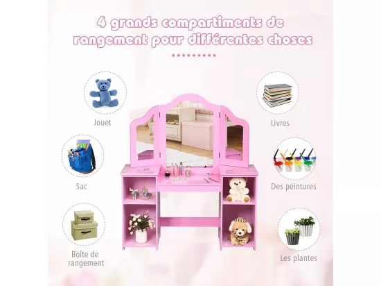 Coiffeuse pour Enfants 2 en 1 avec Miroir Amovible, Bureau Enfant avec 4 Étagères de Style Princesse pour Filles, Rose