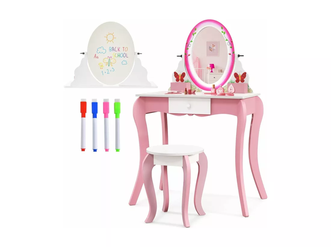 2 en 1 Coiffeuse Enfants avec Tabouret & Tiroir, Table de Maquillage avec Miroir Rotatif à 360° et Double Face, 4 Marqueurs, Dispositif Anti-basculement, Charge 70/50kg pour 3 Ans+ (Rose)…