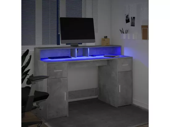 Bureau et lumières LED gris béton 140x55x91cm bois d'ingénierie