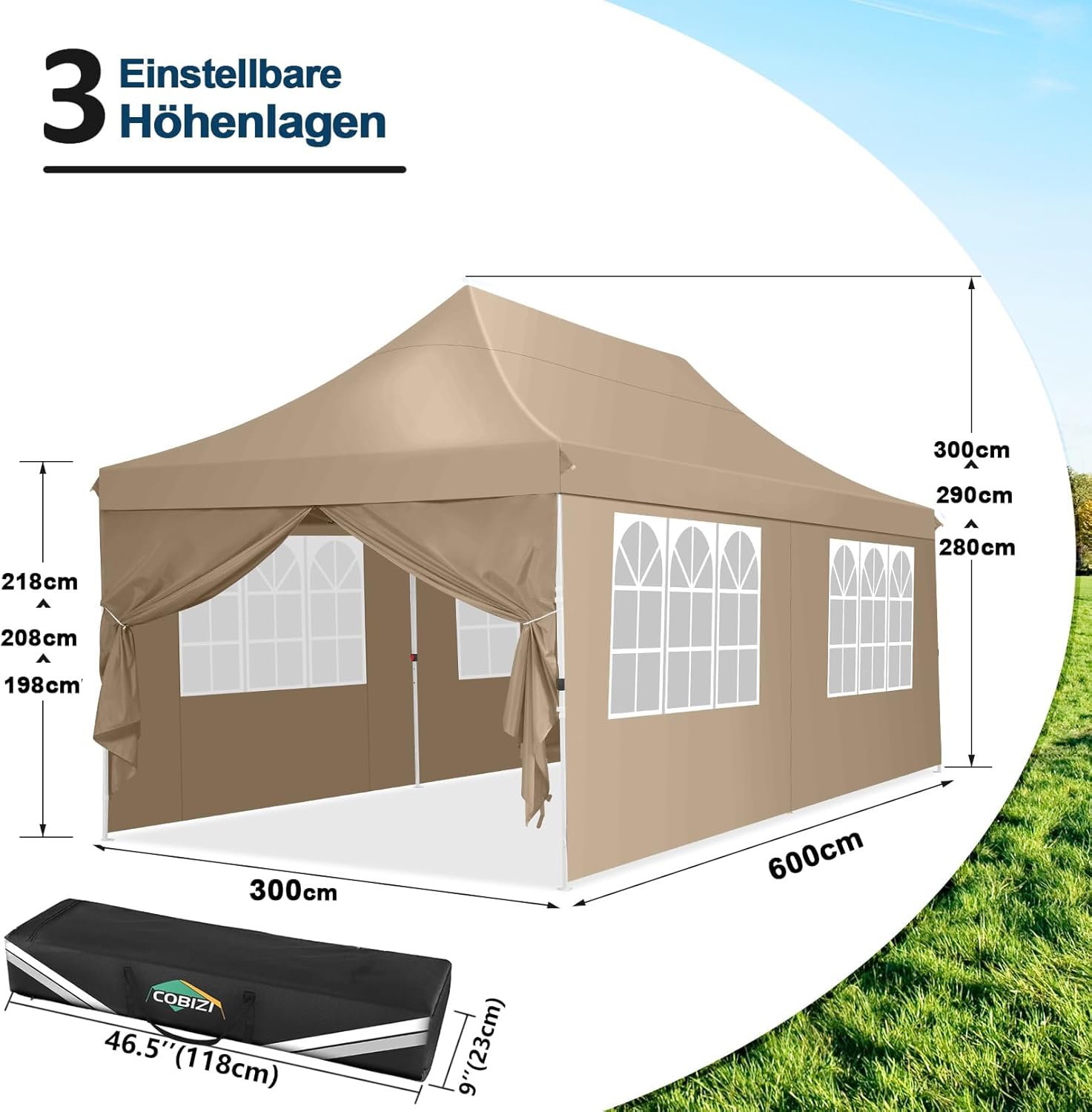 COBIZI Faltpavillon 3X6m Wasserdicht Stabil Pavillon 3x6m, Partyzelt Faltbar Anti-UV mit 6 Seitenwänden, Gartenpavillon Zelt für Hochzeiten, Freien, Garten