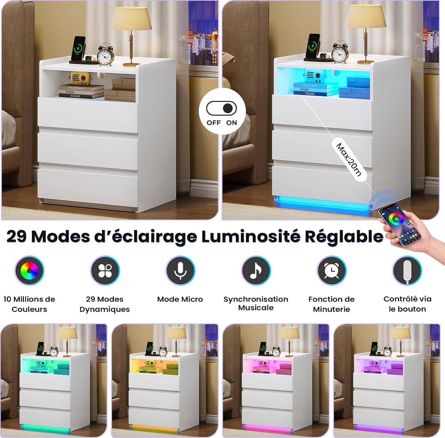 2er Set Nachttisch mit Steckdosenleiste Nachtschrank mit Geräumiger Tischplatte,3 Schubladen und 1 Fach,Beistelltisch mit LED-Beleuchtung,Modern Sofatisch Couchtisch für Wohn- Schlafzimmer (2, Weiß)