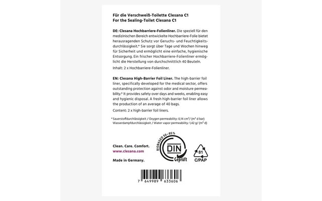 Clesana Bio Hochbarriere-Folienliner für die wasserlose Verschweiß-Toilette Clesana C1 (2 Stück)