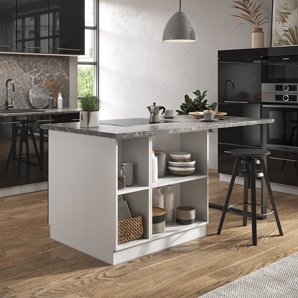 Vicco Kücheninsel Küchenblock Einbauküche Fame-Line Weiß Anthrazit 90 cm modern Hochglanz Küchen Schränke Apothekerunterschrank Schubunterschrank Regalinselunterschrank Softclose-Scharnier Küchenmöbel