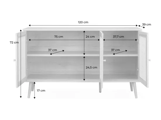 Buffet de rangement en cannage 120x39x70cm - Bohème - 2 niveaux. 3 portes. pieds scandinaves. buffet bas