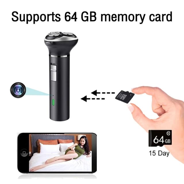 Shaver indbygget HD 1080P Motion detection WiFi-kamera med 64 GB hukommelseskort