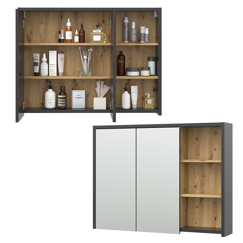 Vicco Spiegelschrank Badschrank Badezimmermöbel Viola Anthrazit Eiche modern 100x75 cm Badspiegel Badezimmer Schrank Badmöbel Schranktür Schrankfach