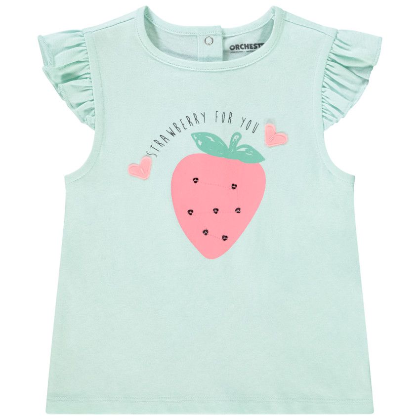 T-shirt manches courtes volantées en jersey avec print pour bébé fille - Bleu