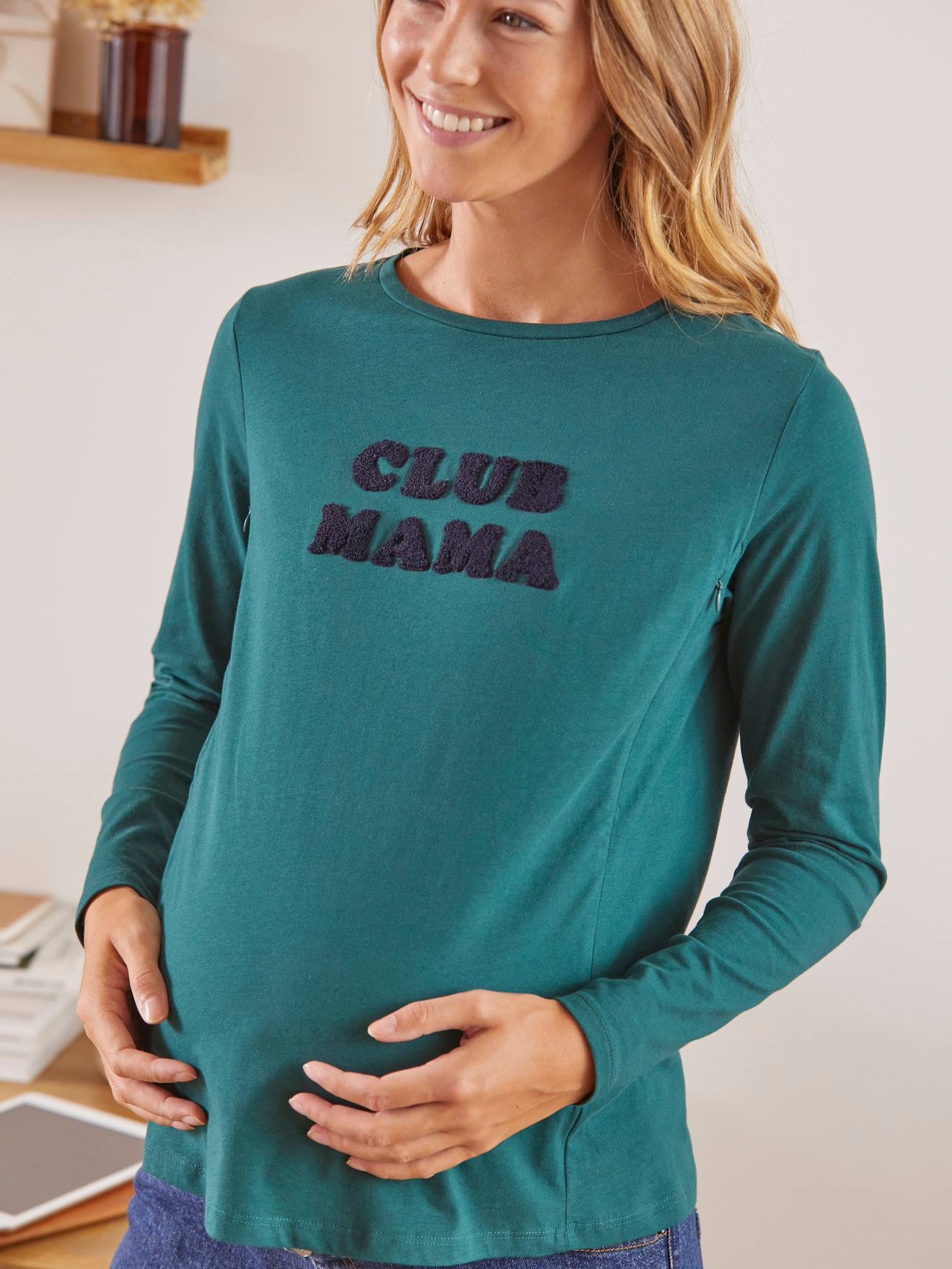 Camiseta lisa azul-escura de algodão orgânico para gestantes e lactantes com mensagem