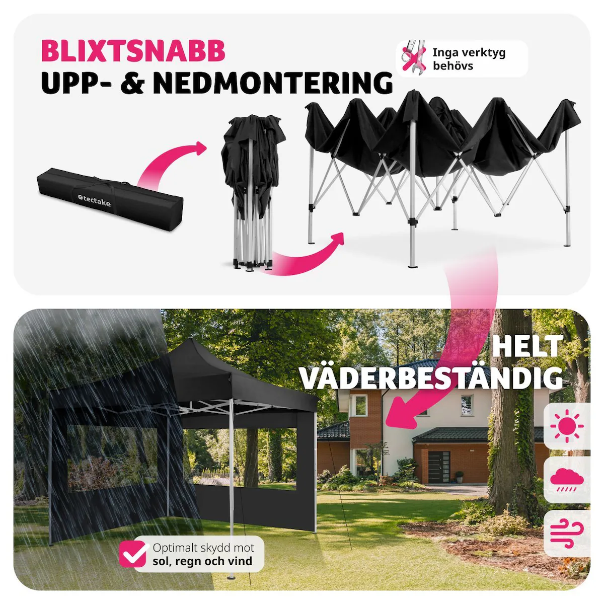 Partytelt, hagepaviljong Olivia 3x3 m med 2 vegger - svart