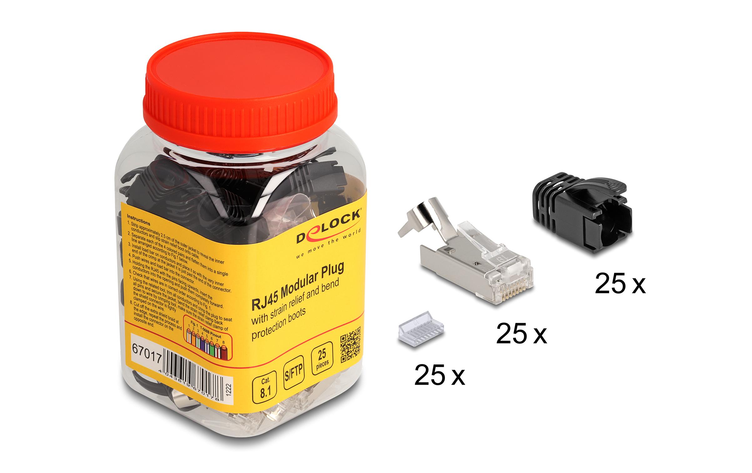 Stecker RJ45, S/FTP, Cat.8.1 25 Stück, TransparentDelock RJ45 Modularer Stecker mit Zugentlastung Cat.8.1 und Knickschutztülle 25er Set