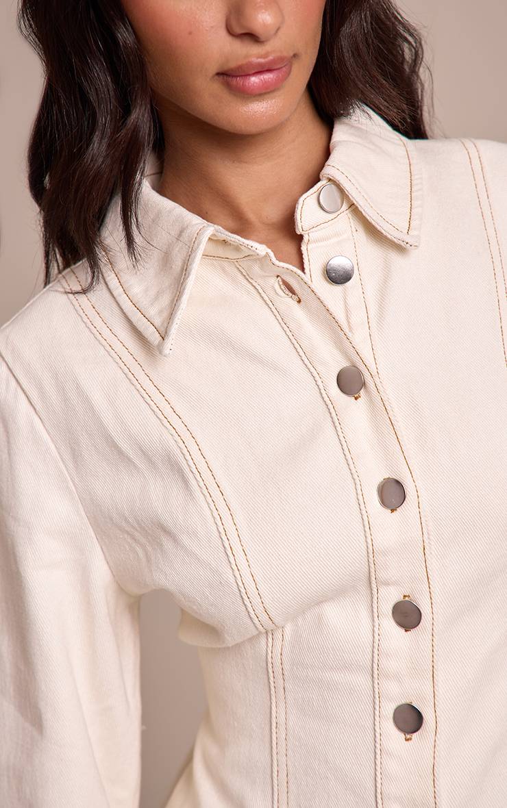 Ecru Chemise En Jean Ajustée À Manches Longues Effet Délavé Vintage Petite