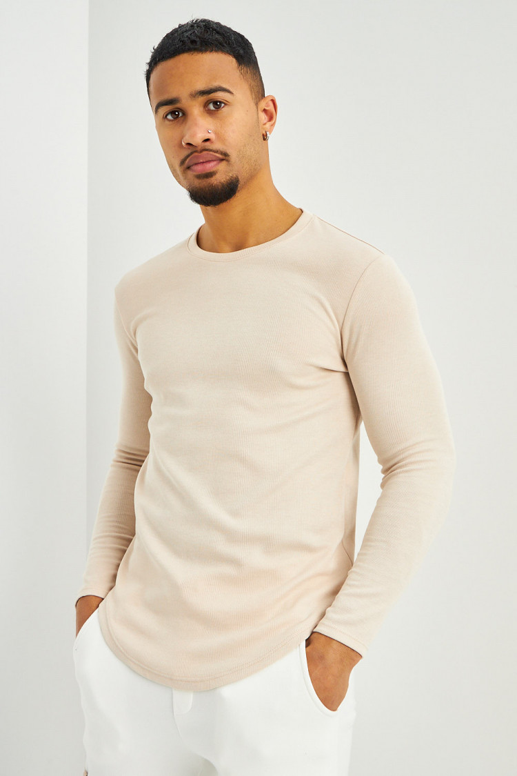 Pull côtelé beige manches longues