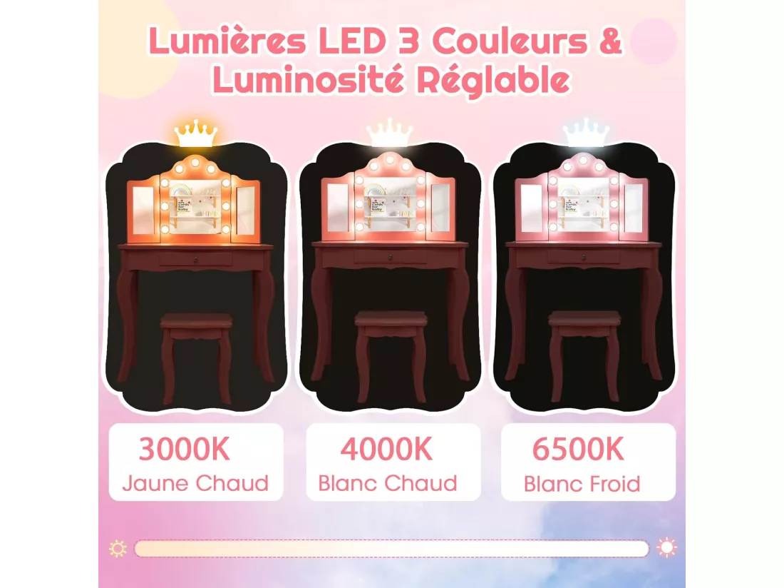 Coiffeuse Enfants et Tabouret 2 en 1 avec Miroir Amovible & Lumières LED, Table de Maquillage Princesse avec Tiroir de Rangement, 3 Ans+, 70x34x103CM(Blanc)