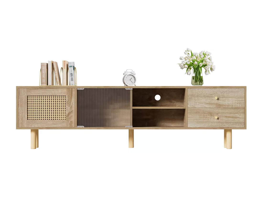 Meuble TV en anneaux de particules - 1 porte & 2 tiroirs & 3 compartiments - Naturel