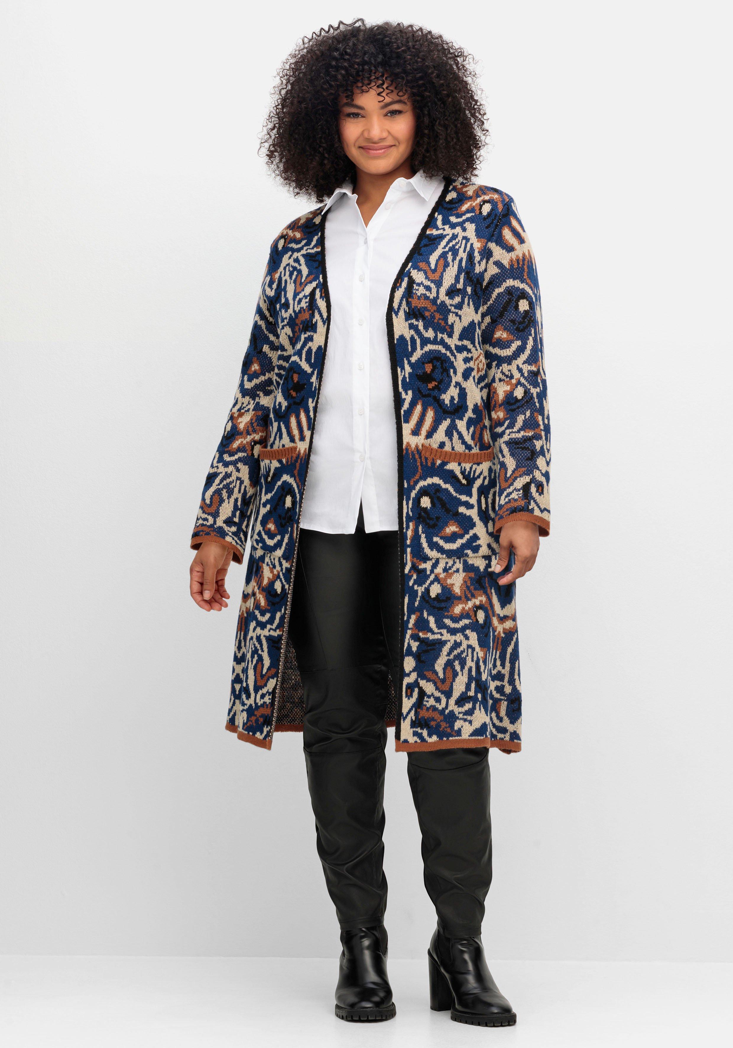 Langer, offener Strickmantel mit Jacquardmuster