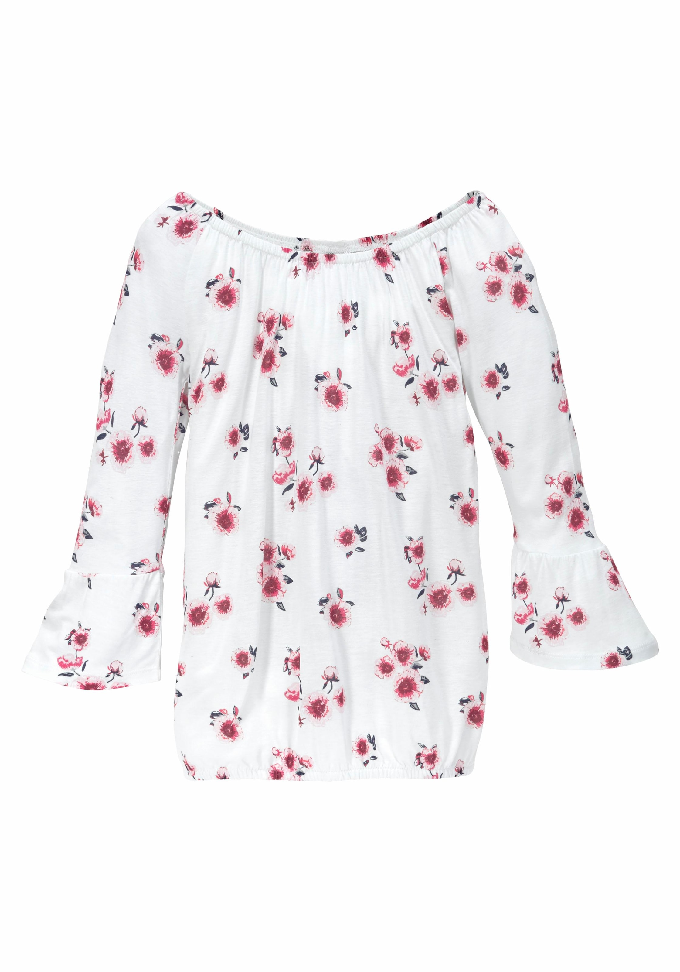 KIDSWORLD Carmenshirt »Viskose-Shirt«, weite Passform,  mit Blumenmuster und Aufdruck,  Carmenausschnitt