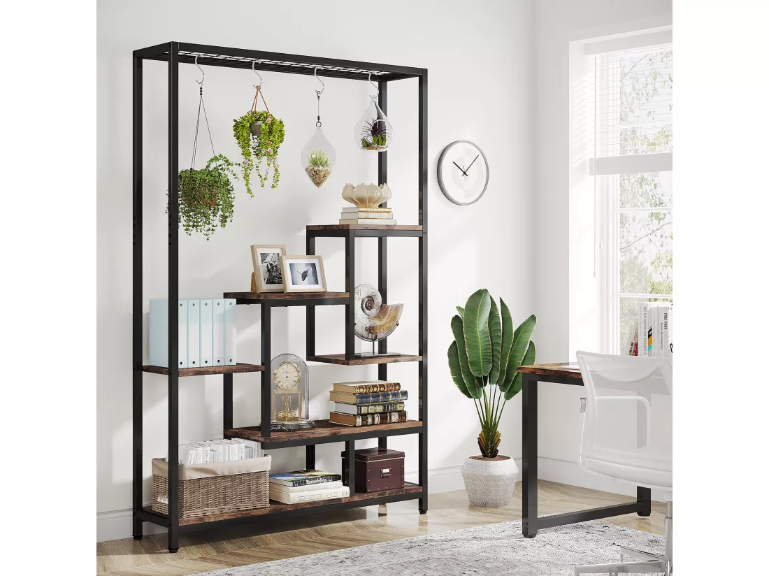 Tribesigns Support pour plantes d'intérieur à 5 niveaux - Grande étagère en métal de 180,1 cm avec 10 crochets de suspension en S - Multifonction - Pour intérieur, jardin, balcon, salon (Maron et Noir)