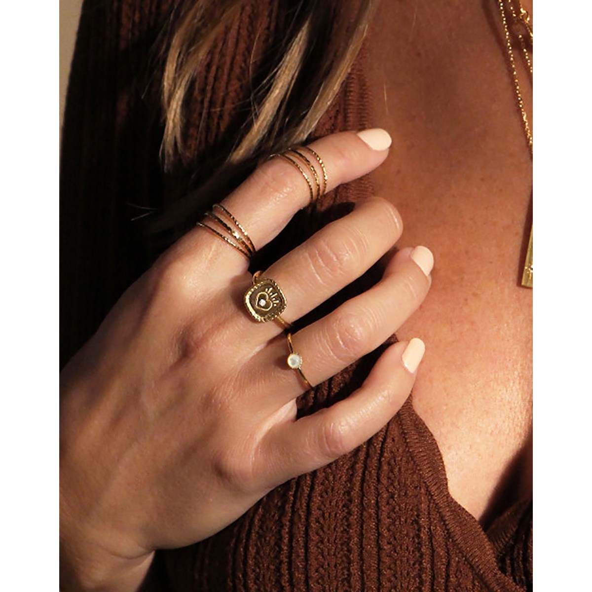 Bague ajustable doré à l'or fin 24K zircon MINI ORACLES