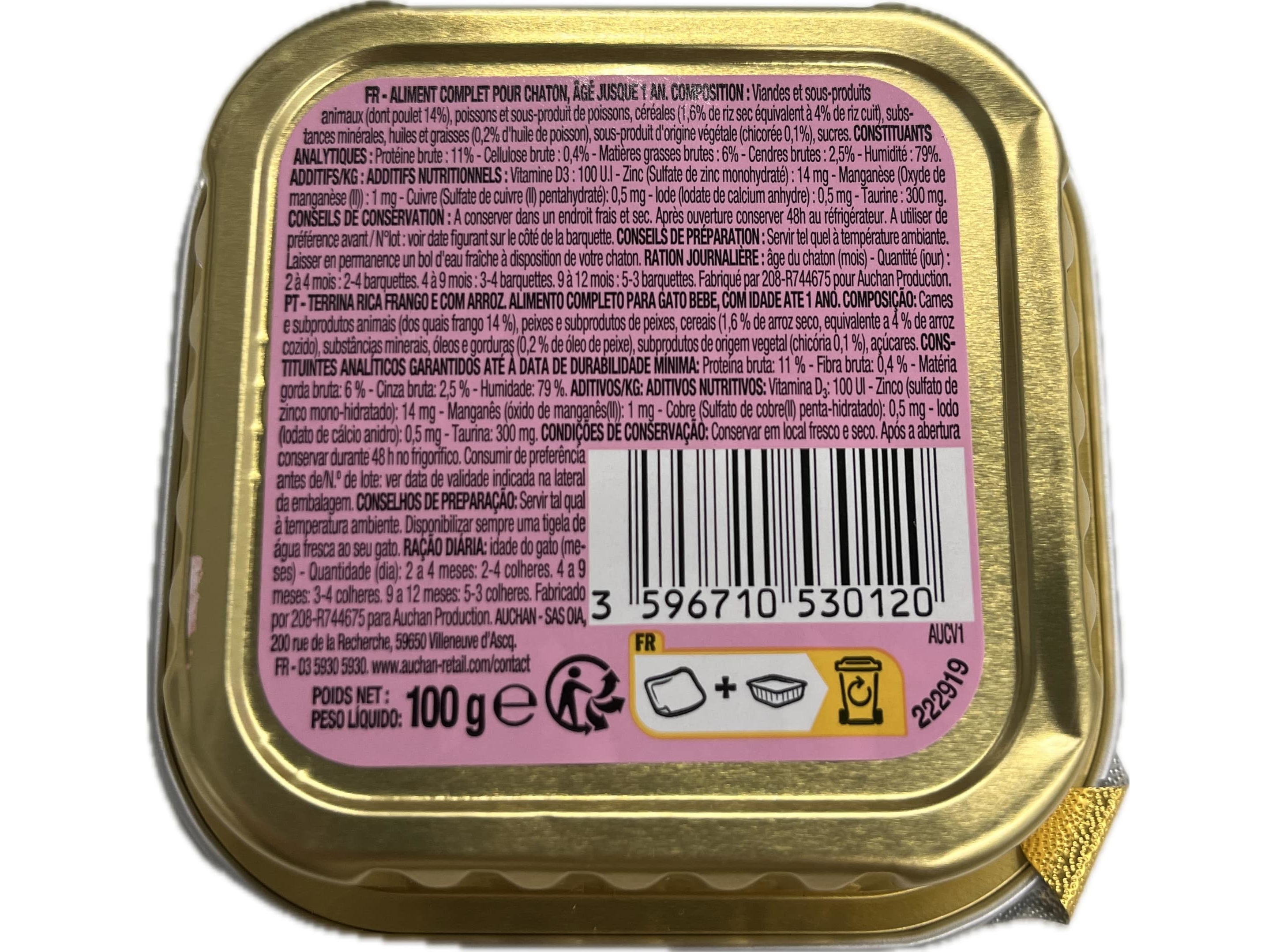 COMIDA HÚMIDA PARA GATO AUCHAN JÚNIOR RICO EM FRANGO E COM ARROZ 100G